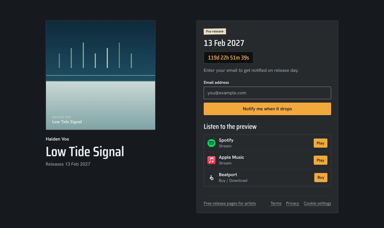 A pre-release page with countdown and an email field that notifies fans on release day