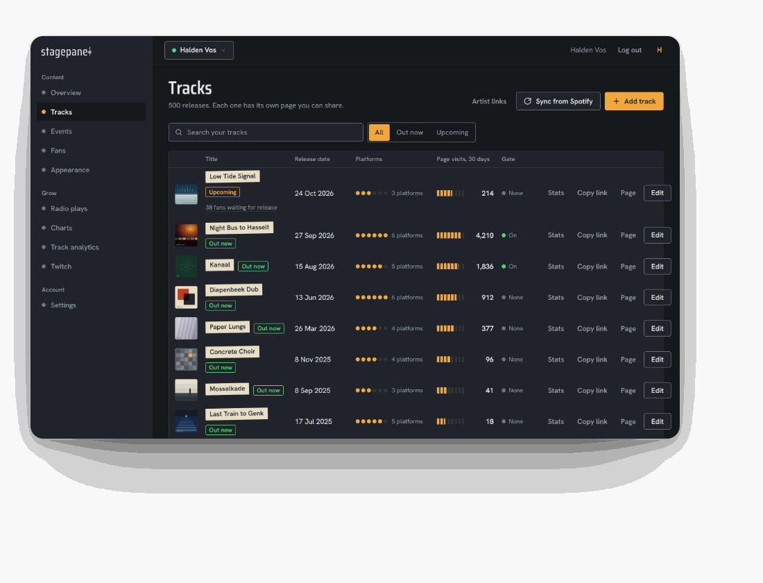 The StagePanel dashboard listing an artist's releases, and the release page of one of them on a phone with links to Spotify, Apple Music and more.